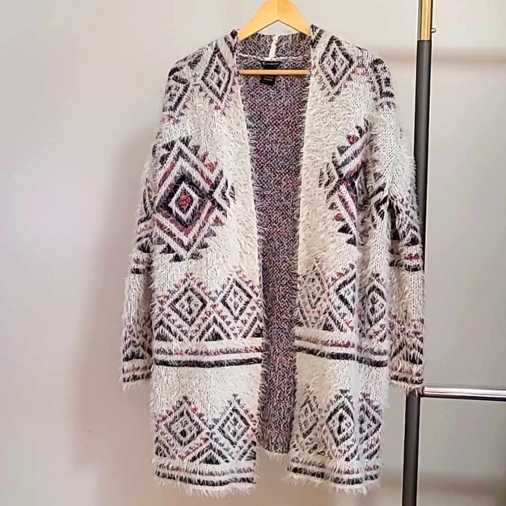 New Direction boho Tribal fuzzy full length cardigan